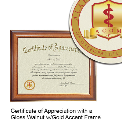 Alabama College of Osteopathic Medicine Certificate with Frame