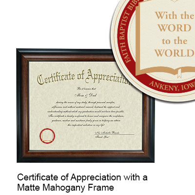 Faith Baptist Bible College and Theological Seminary Certificate with Frame
