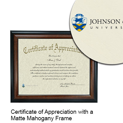 Johnson & Wales University Certificate with Frame
