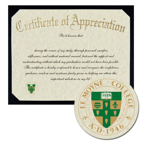 Le Moyne College Certificate of Appreciation