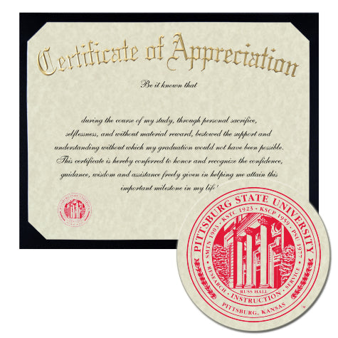 Pittsburg State University Certificate of Appreciation