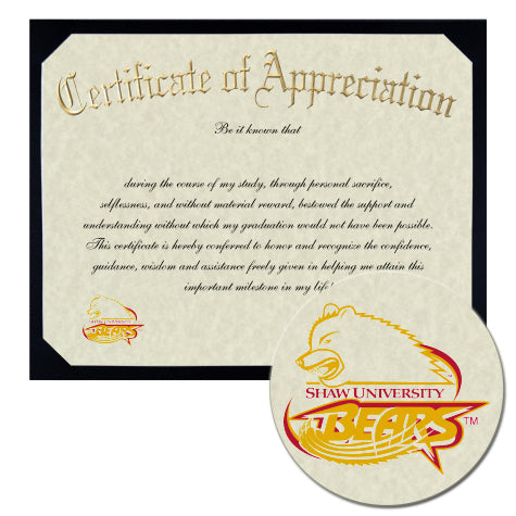 Shaw University Certificate of Appreciation