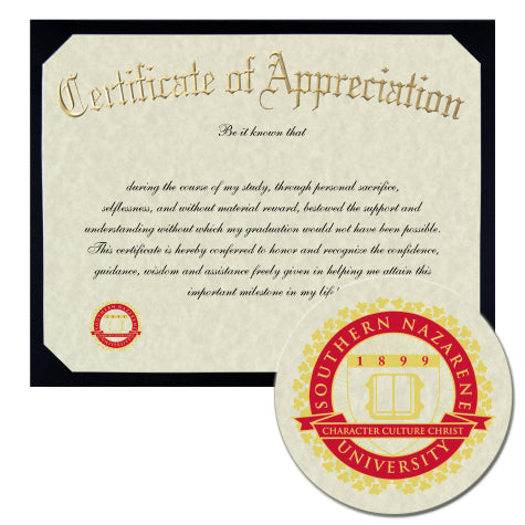 Southern Nazarene University Professional & Graduate Studies Certificate of Appreciation