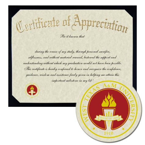 West Texas A & M University Certificate of Appreciation